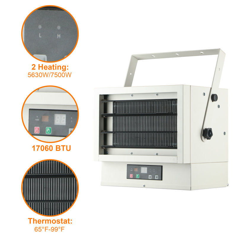 Garage Heater Electric 7500w, Hardwired 240v, Ceiling Mount, Thermostat, 9h Timer, Overheat Protection, Etl Listed, 7500W