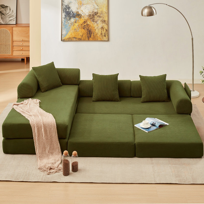 Modular Corduroy 3-Seat Sofa L Shaped Couch With Foldable Doublelayered Seat Cushion For Apartment-Compression Sofa In Box