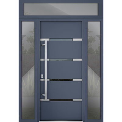 Porte avant en acier pré-suspendue à l'avant / deux graphite gris 1105/2 fenêtres extérieures latérales et supérieures / inserts en acier inoxydable peints modernes simples - l 14 + 36 + 14 po x H 80 + 16 po - Ouverture à droite