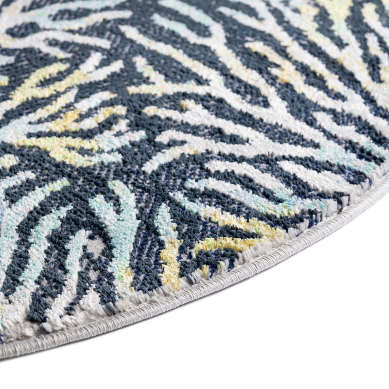 Tapis champêtre et floral de couleur jaune turquoise, Rond 7 pi