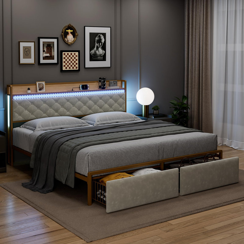 Danitra Upholstered Metal Slat Storage Bed, King, White/Gold