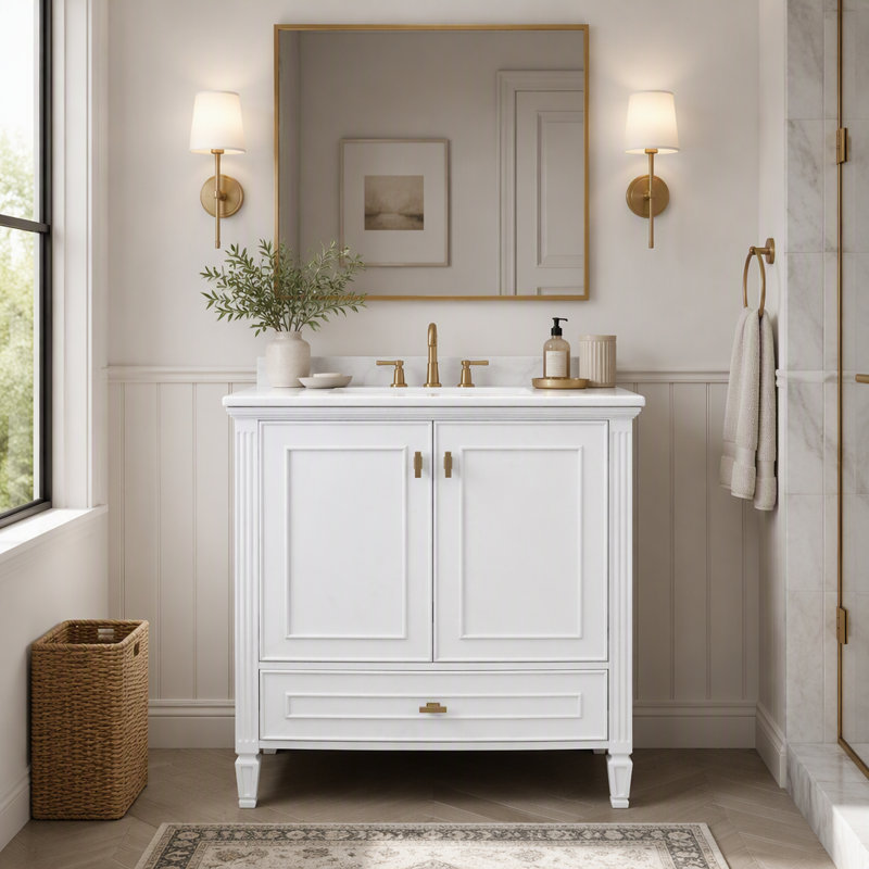 Meuble-lavabo 30 po avec lavabo, meuble-lavabo autoportant avec 1 tiroir et 2 portes à fermeture en douceur avec rangement pour porte, structure et pieds en bois massif, un paquet, blanc