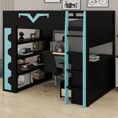 RGB Gaming Loft Bed With Integrated Desk, Keyboard Tray, Power Outlet, Drawer & Shelves