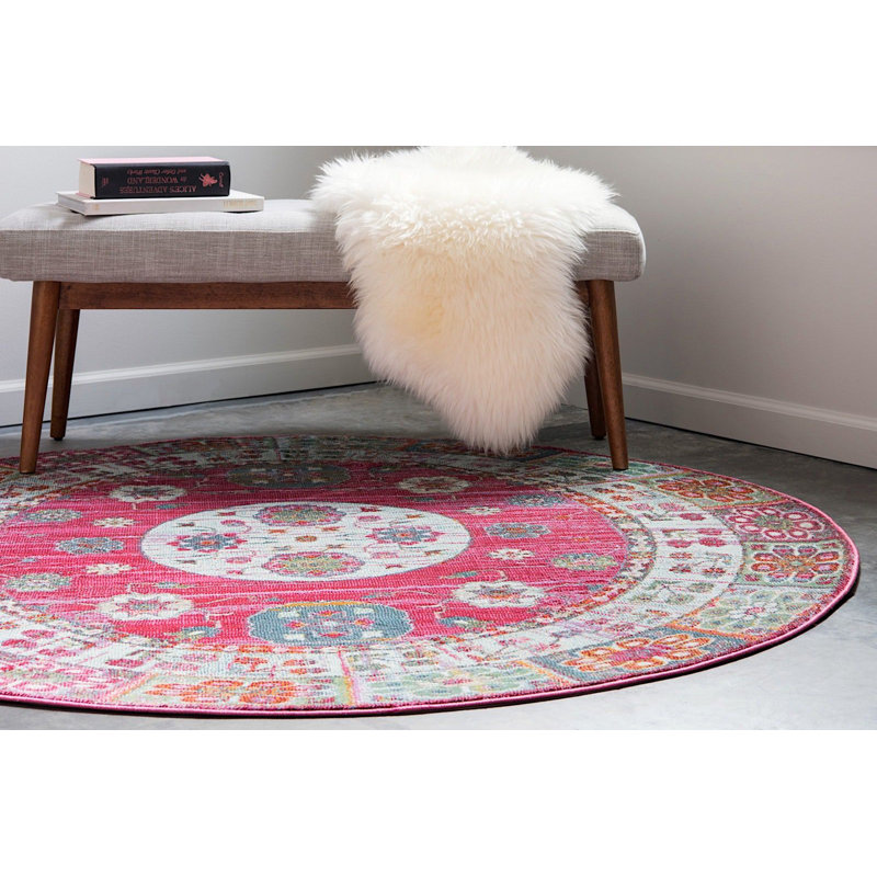 Vert oriental Mulvihill/orange/Tapis décoratif bleu, Rond 8 pi 4 po