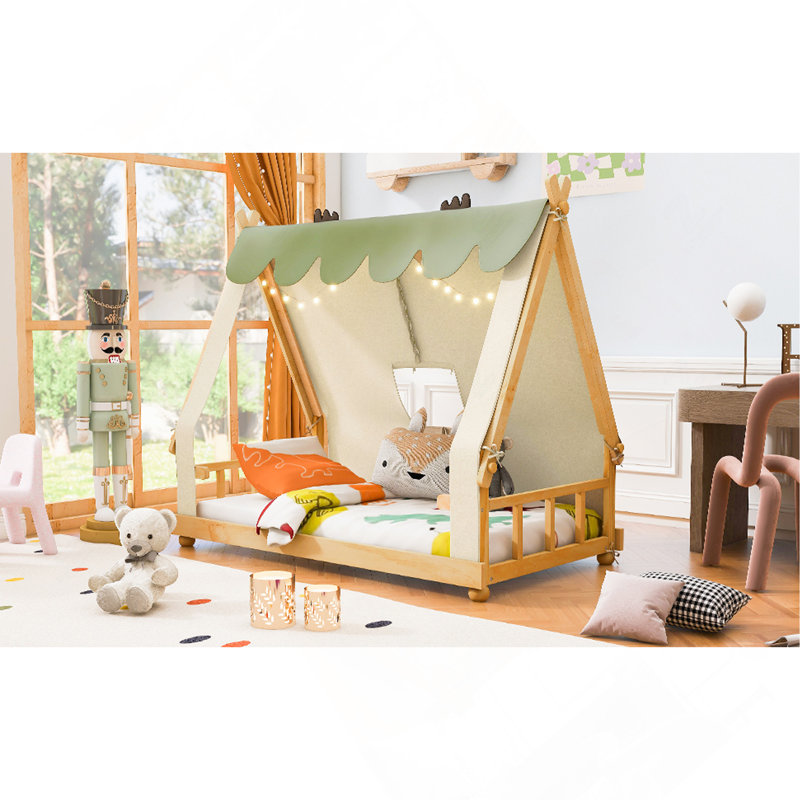 Cabane en bois double avec tente de jeu en tissu et guirlande lumineuse suspendue, blanc