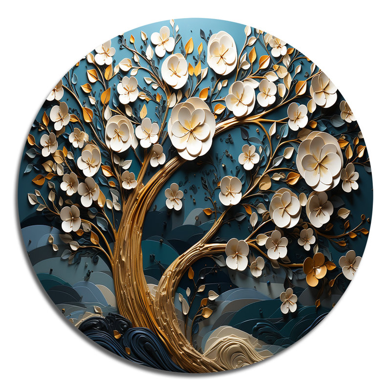 Orchidée bleue et blanche dorée de branches VI - Paysages d'art rond en métal, H 16 po x l 16 po