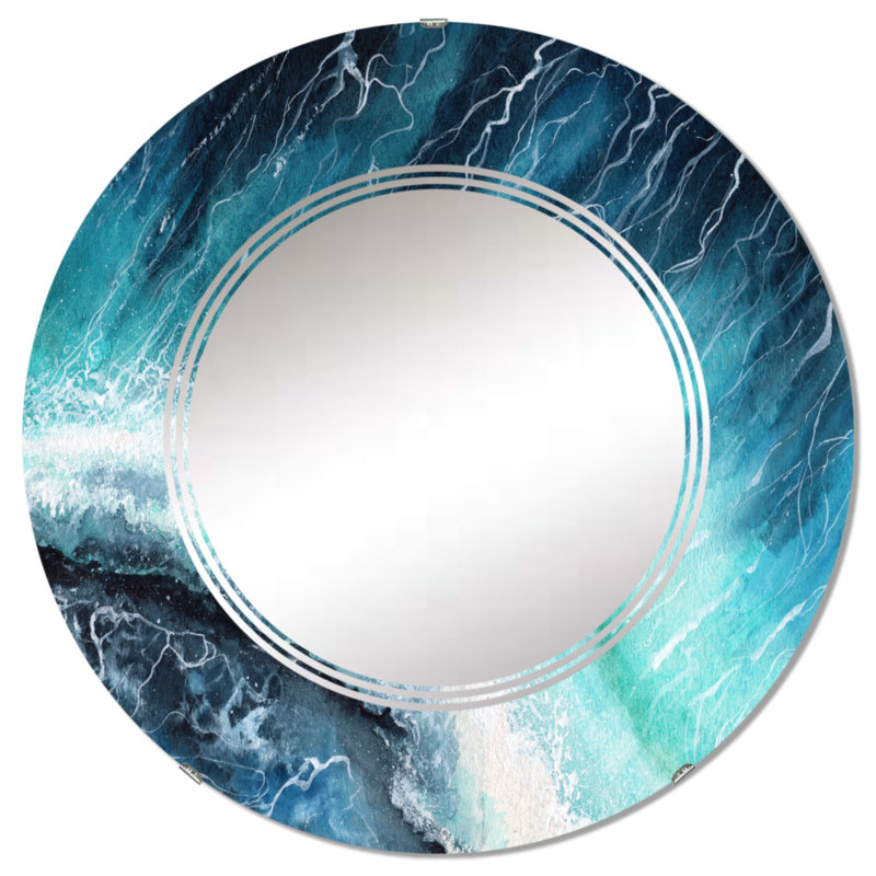 Vagues de l'océan bleu marine avec écume de mer blanche I - miroir mural nautique et côtier rond, 24 po x 24 po