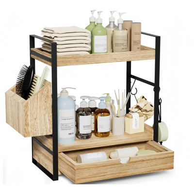 Organisateur de comptoir de salle de bain à 2 niveaux avec tiroir et panier, organisateur de comptoir en bois pour le rangement, organisateurs de soins de la peau pour meuble-lavabo, tablette de comptoir pour l'organisation de la salle de bain