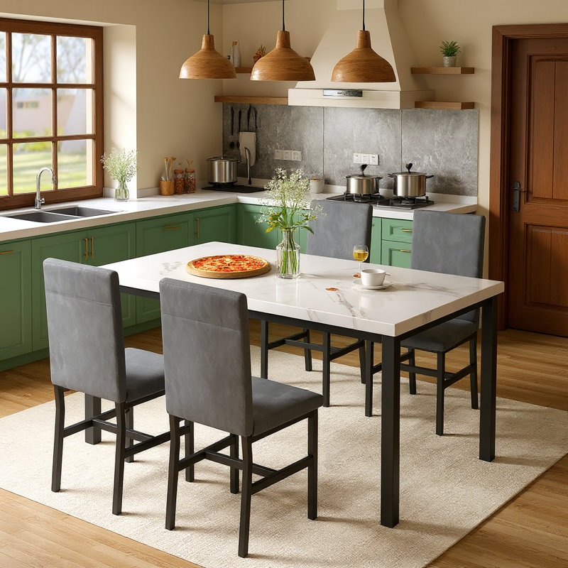 Ensemble repas 5 pièces avec chaises rembourrées en velours Janece, gris, Marbre blanc / velours bleu