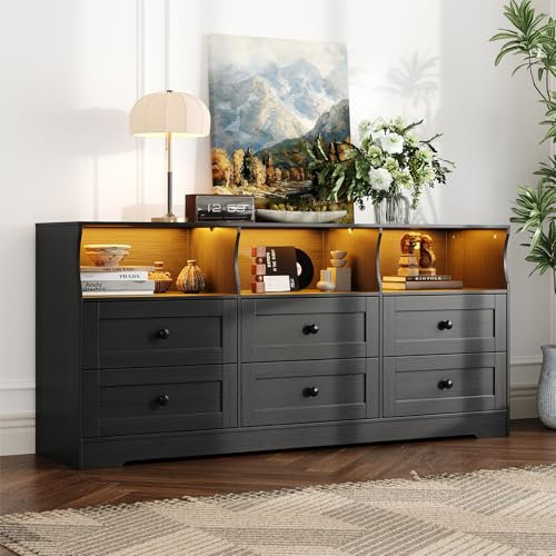 6 Drawer Dresser for Bedroom with Power Outlets & LED Light, Slim Wooden Chest of Drawers with Open Shelf, Black