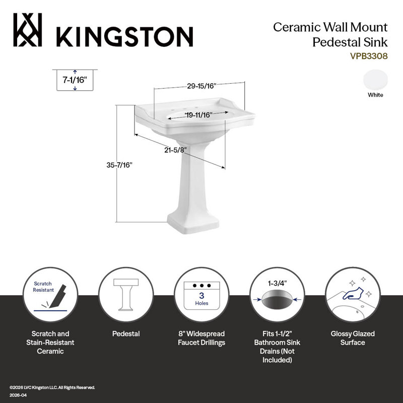 Kingston Brass Imperial Ceramic Pedestal Sink, 35.44" H x 29.94" W x 29.98" L