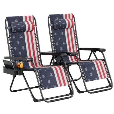 Ensemble de 2 chaises longues de patio inclinables et sans poids avec plateau-coussin et porte-gobelet réglables - pliable et portable