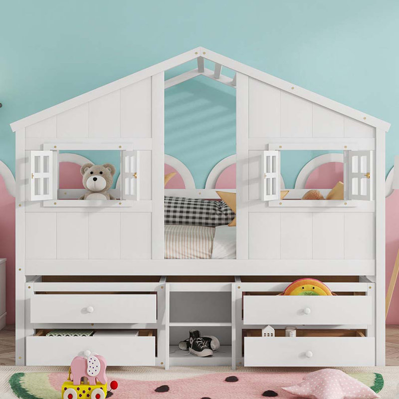 Ahleah Full Solid Wood House Loft Bed with Storage Drawers and Safety Guardrails, White