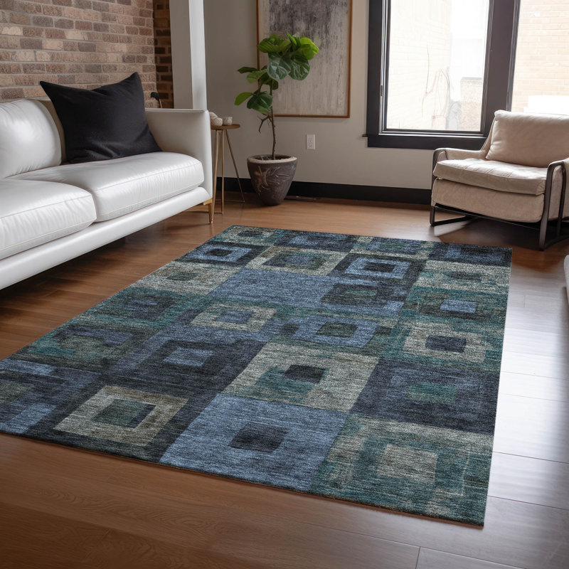 Machine Washable Blue Geometric Indoor/Outdoor Rug