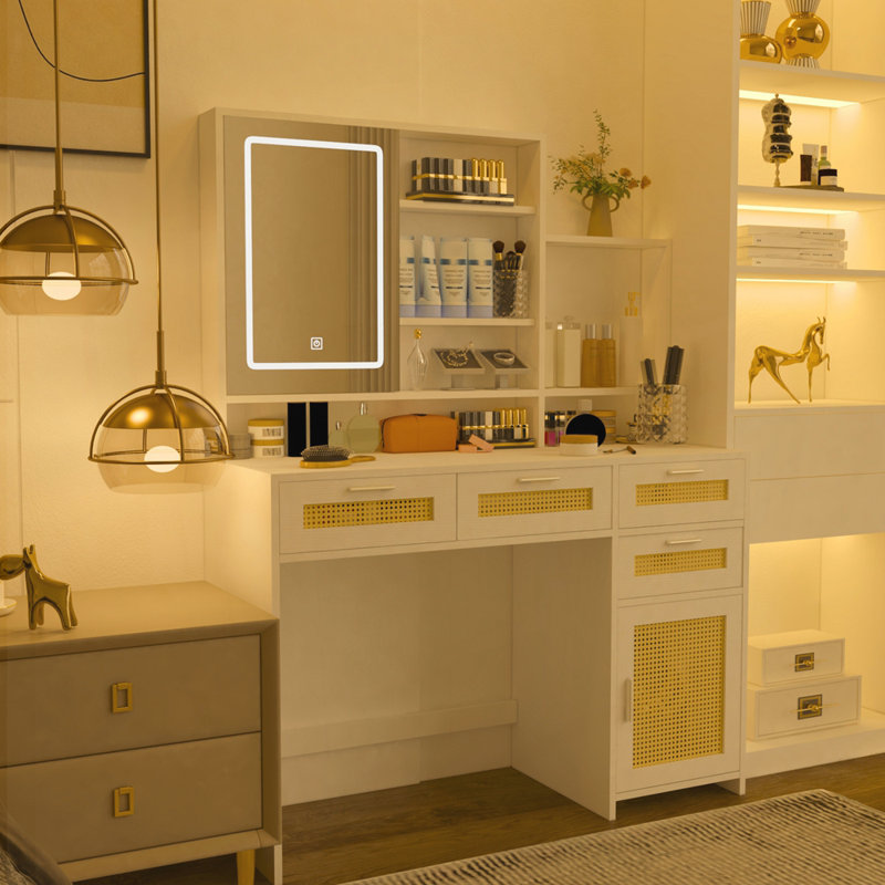 Multifunctional Makeup Vanity with Adjustable LED Lights, Storage Drawers, and Rattan Design for Organized Beauty Space