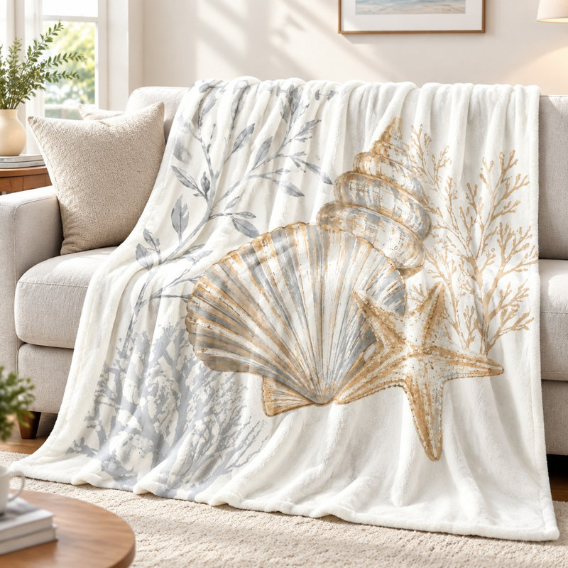 Coastal Seashell & Starfish Print Fleece Throw Blanket, Artistic Beach Themed Soft Cozy Blanket for Sofa Couch Bedroom Living Room Home Decor