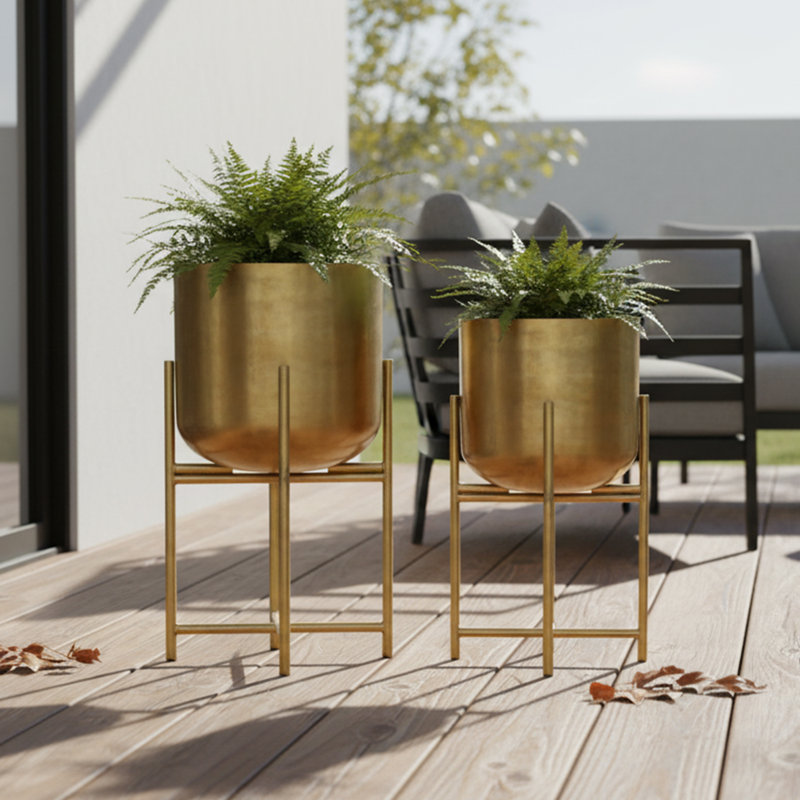 Amaratha Set of 2 Planters | 19, 22" Tall | Foldable Metal Stand | Antique Brass Finish, Antique Brass