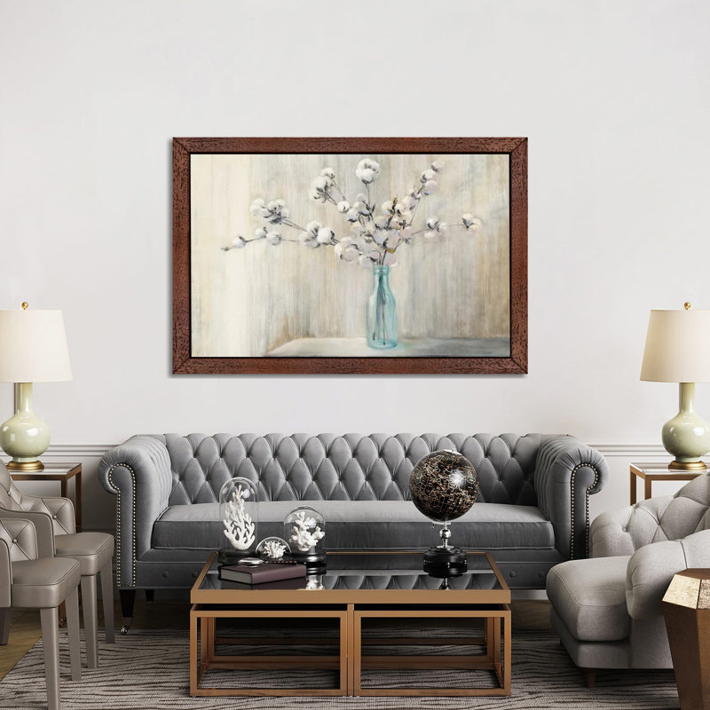 Cotton Bouquet 1 Piece Floater Frame Wall Art on Canvas, Brown Framed