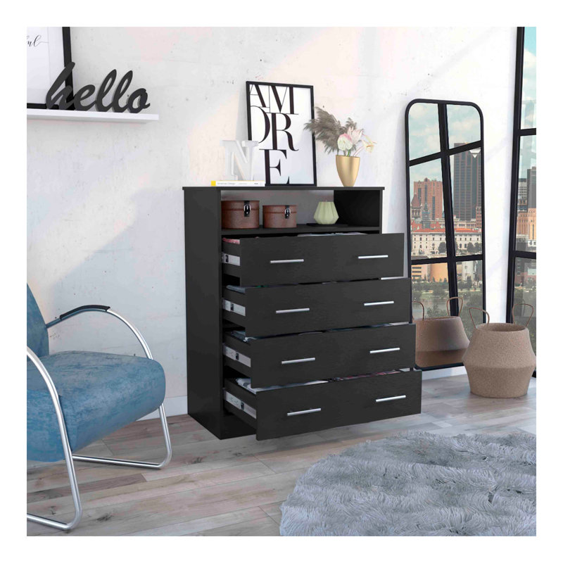 Commode à quatre tiroirs, plateau supérieur, une tablette ouverte, noir