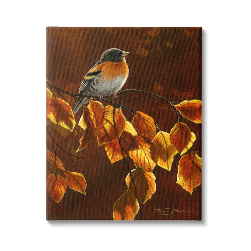 Oiseau brun, feuillage ensoleillé sur toile, H 20 po x l 16 po x P 1,5 po