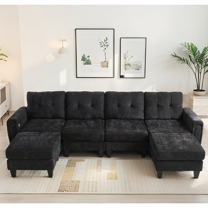 Modular Sectional Sofa, Dual Movable Ottomans & USB Ports, Black
