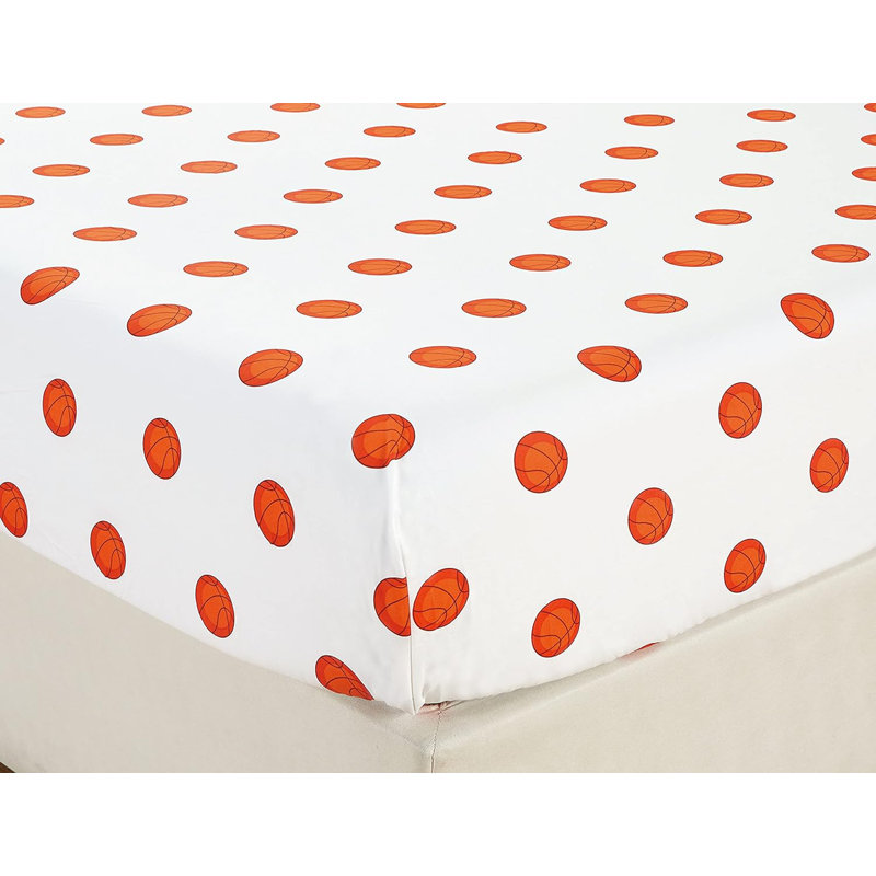 Full Size White and Orange Basketball Microfiber Sheet Set