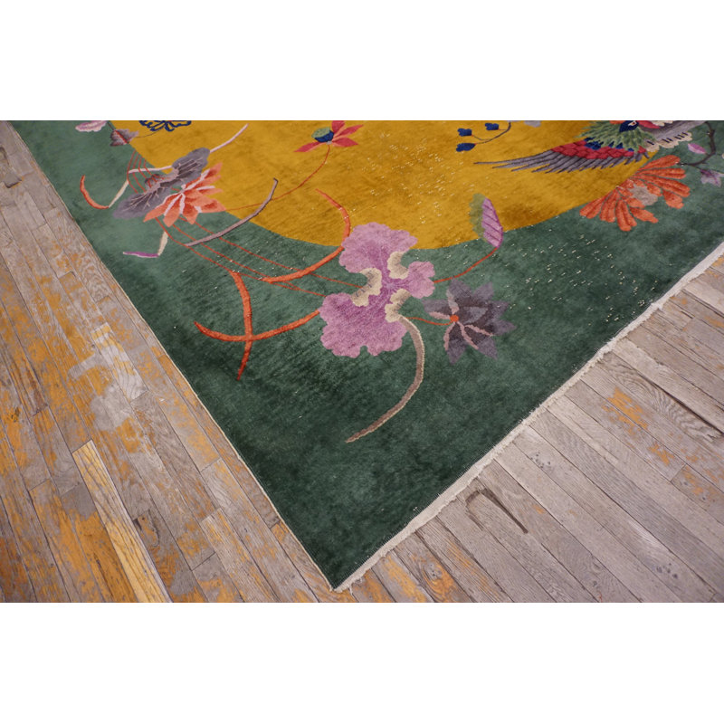 Wool Chinese - Art Deco Yellow 1920s Knotted Room Size Rectangle Antique Rug