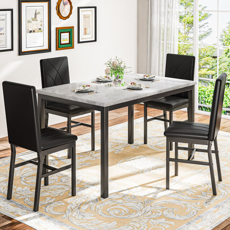 Ensemble de table de salle à manger 5 pièces pour 4 personnes, ensemble de coin repas rectangulaire en faux marbre avec 4 chaises rembourrées pour la cuisine, coin repas, petit espace
