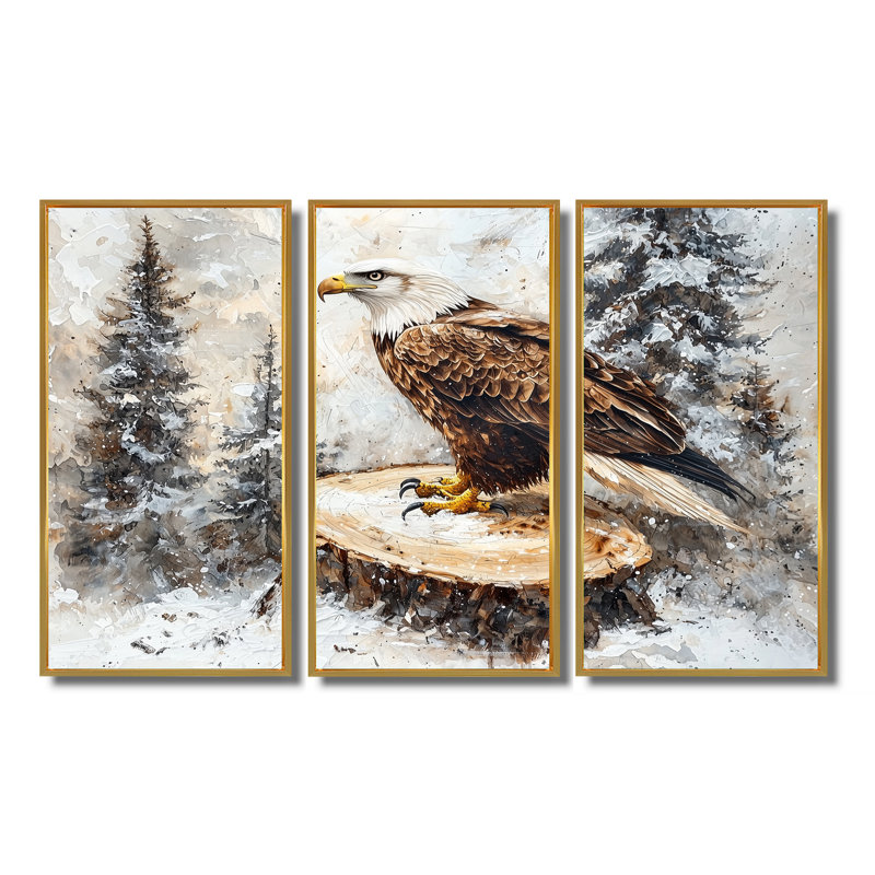 Aigle, veillée silencieuse en hiver - Art mural sur toile aigle - 3 panneaux, H 28 po x l 36 po, Doré