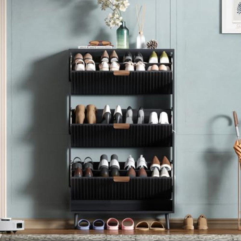 Shoe Cabinet Storage,Modern Freestanding Organizer With 3 Flip Drawers,Narrow Shoe Rack Cabinet For Entryway,Black, Black, 3