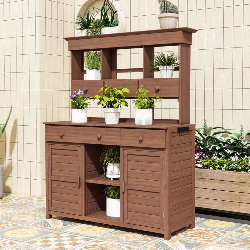 Banc de rempotage d'extérieur en bois de sapin avec tablette réglable, tiroirs spacieux et conception ergonomique, Brun