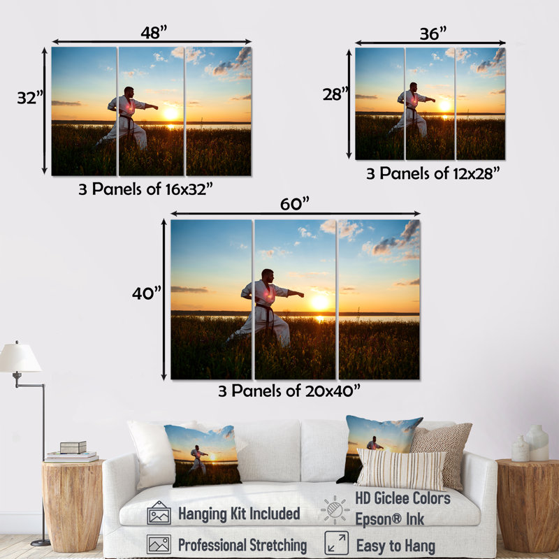 «Man Training Karate In Field At Sunrise», ensemble d'art sur toile aérobie et musculation, H 40 po x l 60 po