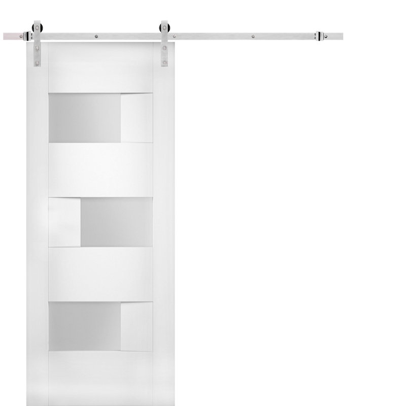 Porte de grange blanche en verre givré Sete avec trousse de quincaillerie d'installation, Argent argent, 18 po x 84 po