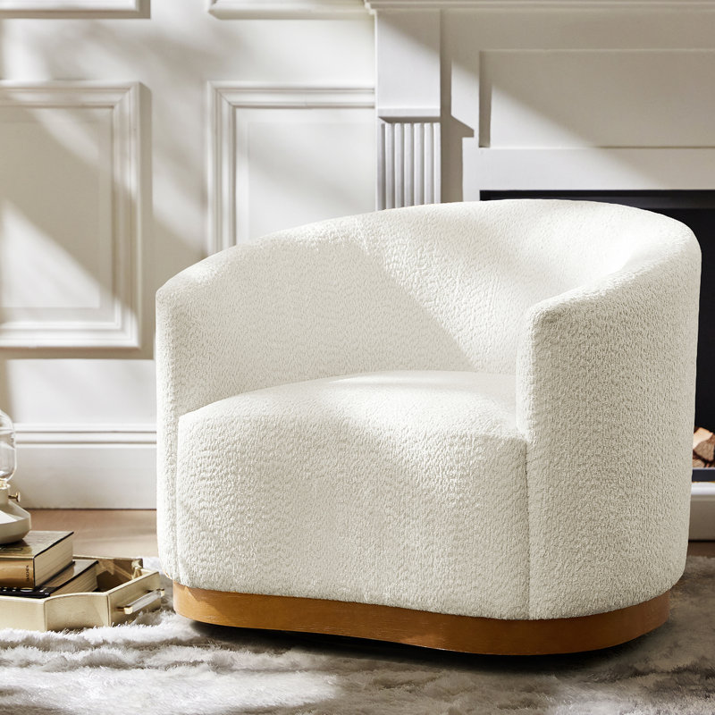 Fauteuil demi-tonneau pivotant en chenille avec dossier ergonomique et pieds en bois massif de 31,5 po Berklie, Ivoire ivoire