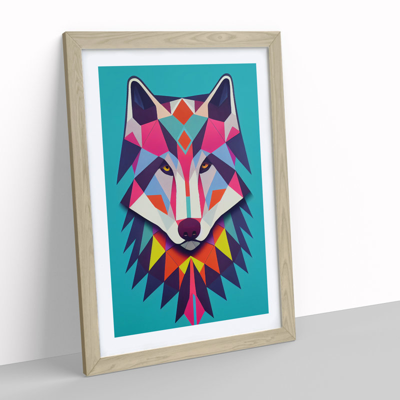Colourful Abstract Wolf - Wall Art, 48cm H x 36cm W, Oak Framed, White