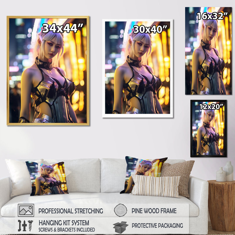 Portrait of Cyberpunk Goddess, reproduction d'art sur toile, H 32 po x l 16 po x P 1 po, Cadre simple noir