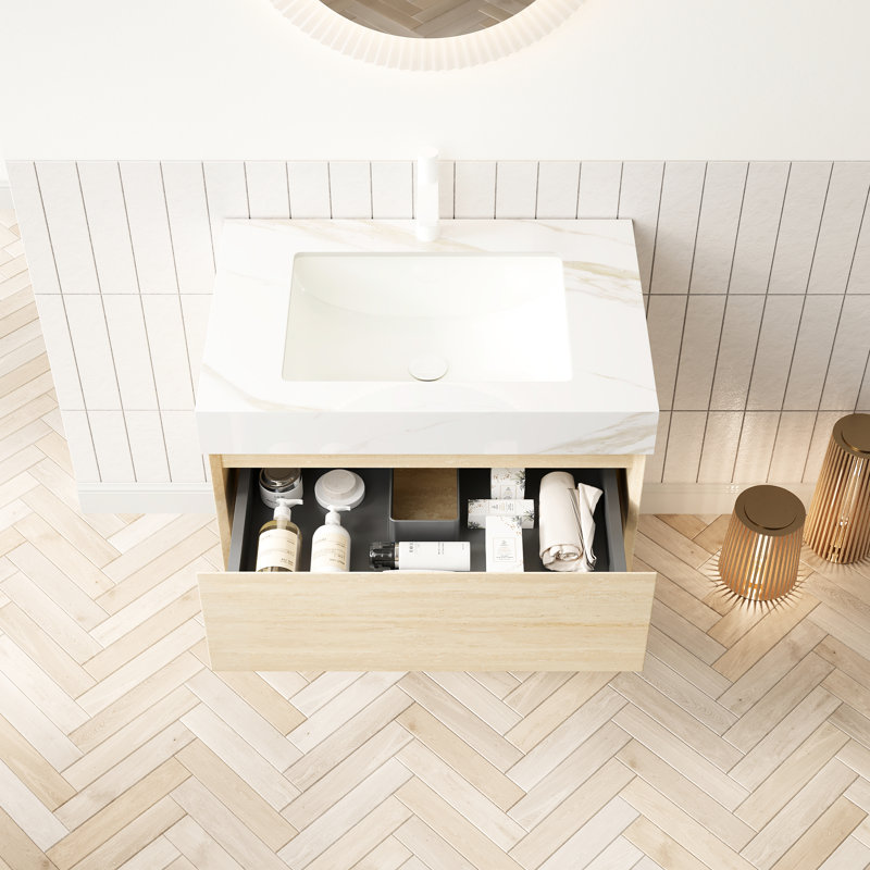 Meuble-lavabo de 30 po avec lavabo, rangement en contreplaqué flottant avec tablette de tiroir, lavabo encastré par capteur à DEL, lavabo encastré en céramique, comptoir en pierre frittée dorée avec comptoir épais