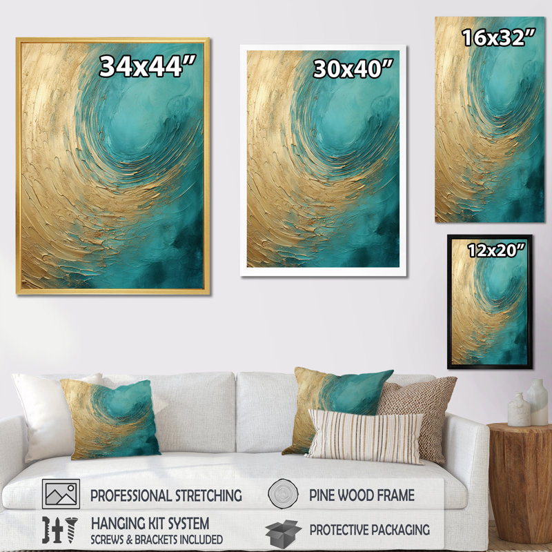 «Gold Teal», impression sur toile, H 20 po x l 12 po x P 1 po, Cadre simple noir