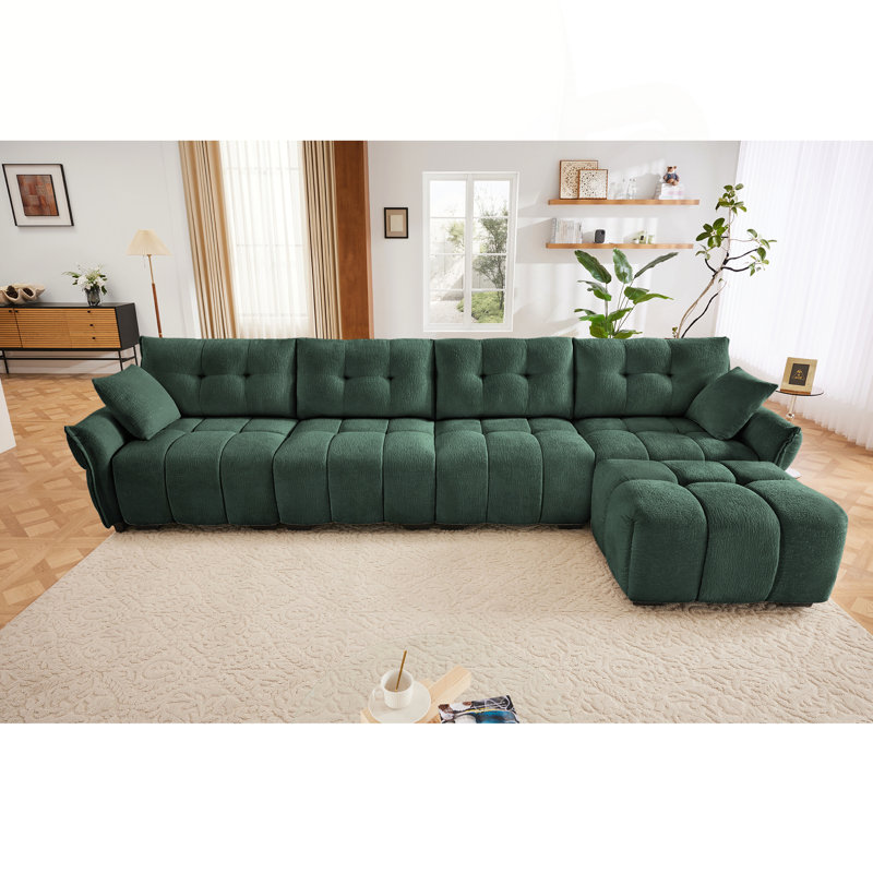 Canapé modulaire capitonné en L en chenille avec repose-pieds et coussins Holdan, Chenille verte, L 110,2 po