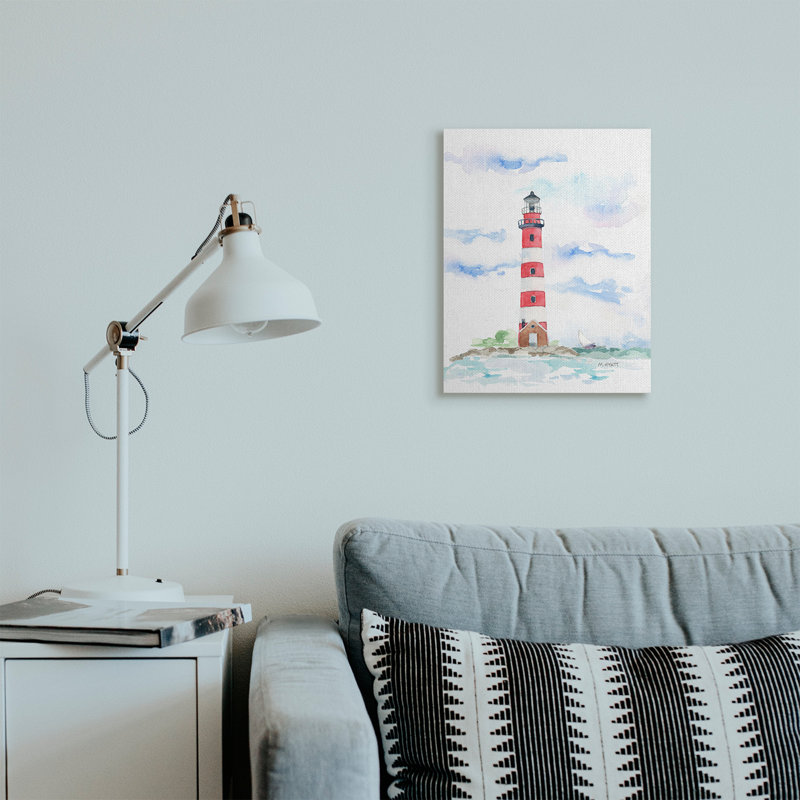 Phare à rayures rouges, paysage côtier doux, H 20 po x l 16 po, Toile tendue