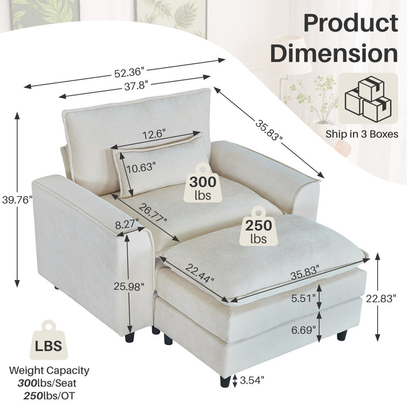 Moderne 52 po Fauteuil d'appoint modulaire en chenille 2 pièces à accoudoirs carrés avec repose-pieds et coussin, Beige