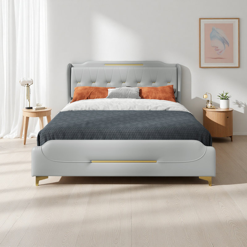 Leather Bed Frame With Wingback Headboard & Footboard,Solid Wooden Slats Support, Gray, Queen
