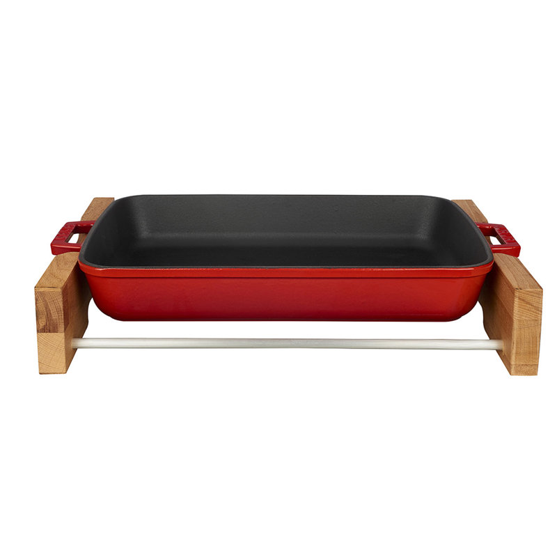 Lava Enameled Cast Iron Rectangular Roasting Pan 16 inch-with Beechwood Service Stand, Red/Black