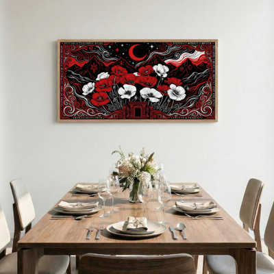 Red Poppies Canvas Framed Wall Art Oil Painting Print Set Of 1，48 x 24 inch