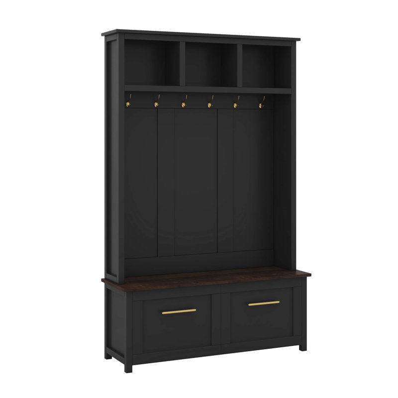 Versatile 4-In-1 Hall Tree With 6 Golden Hooks, 2 Drawers & Multiple Storage, Wood Grain Finish, Entryway Coat Rack, Black