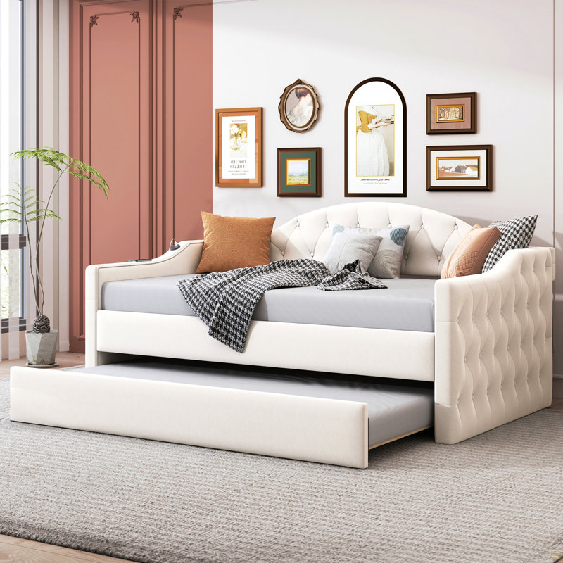 Twin Size Tufted Upholstered Daybed With Trundle ,Velvet Sofabed With USB&Type-C Charging Ports,No Box-Spring Needed, Beige