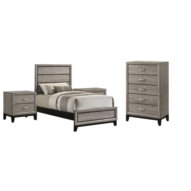 Ensemble de chambre à coucher simple 4 pièces Wesley, Simple Taupe, 4 Pcs: Bed, Chest, 2 Nightstands, Twin