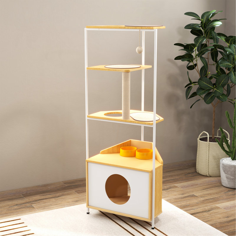 Corner Cat Tower, Cat Tree With Scratching Post, Cat Condo With Feeding Station And Climbing Platforms, Pet Furniture For Indoor Cats