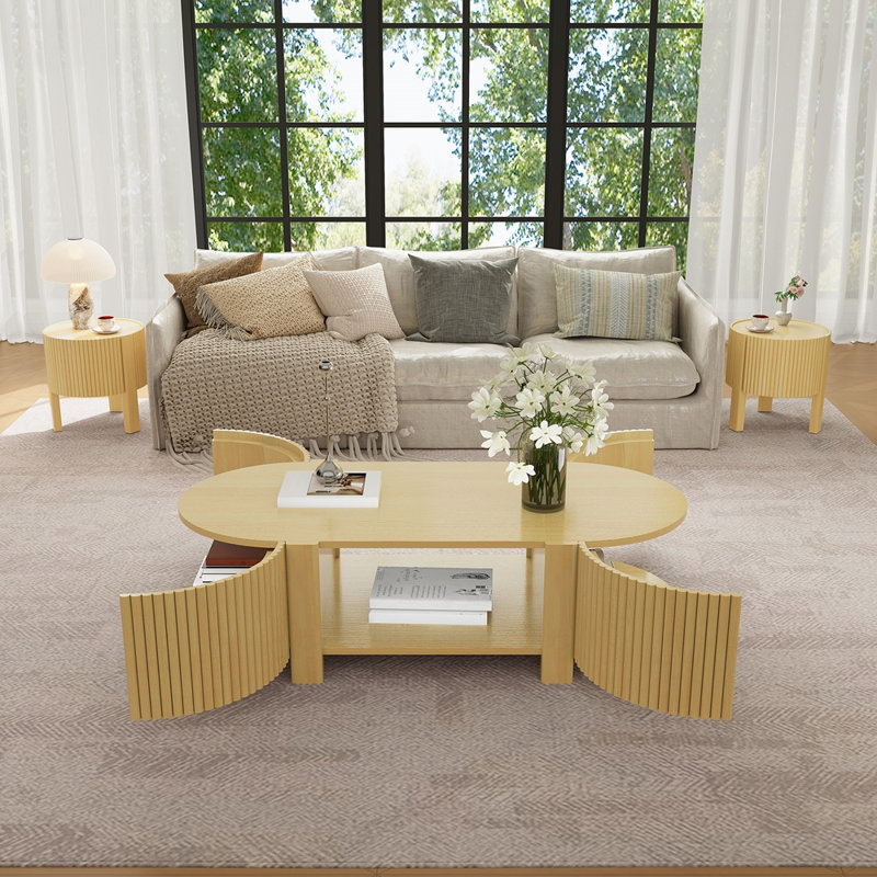 Table basse ovale cannelée avec 1 tablette et 2 portes de rangement ouvertes, Natural