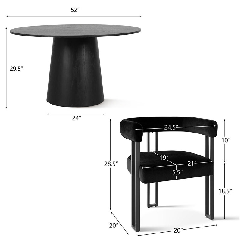 Carlen 4-Person Round Velvet Dining Set, Black
